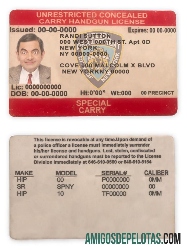 Licença de transporte oculto irrestrito de Nova York nos EUA exemplo real